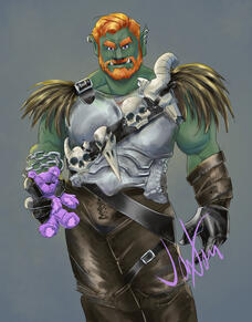 Ginger haired, green-skinned orc in breastplate adorned with skulls and holding a lavendar teddy bear.