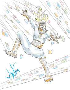 Untitled Color Wash digitial illustration of a bouncing super-hero with flyaway hair and blue and orange costume.