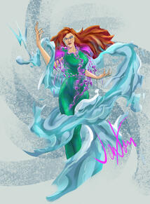 Long red-haired character in green scaled body suit summoning a swirl of water around them to form a trident near one hand.