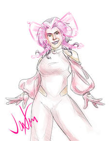 Untitled Digital illustration (half body, color wash pencil) of a woman in pink jumpsuit with puffy sleeves and visible energy around her face in the shape of a butterfly.
