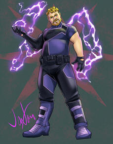 A thickset man with curly hair and beard in black and indigo asymmetrical, color blocked outfit with energy crackling from his hands.