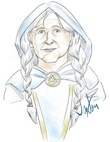 Untitled Digital illustration (portrait, color wash pencil) of an elderly woman in blue cloak trimmed in gold.