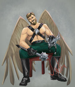 winged humanoic character with beard wearing chest harness, trousers, and long boots. Seated holding a mace.