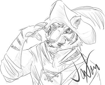 Digital sketch portrait of an anthropomorphized tiger in pirate garb giving a salute.