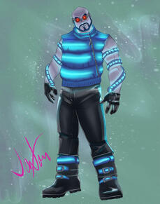 Bald, bearded character with grey-blue skin, wearing black leather and blue puffer vest and blue glowing coils.