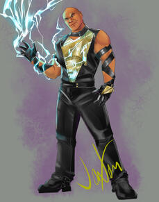 Bald, muscular character wearing black and gold leather with electrical energy traveling up and away from one arm.
