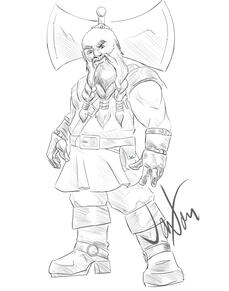 digital pencil sketch of a bald and long-bearded fantasy dwarf character with oversized battle axe on their back.
