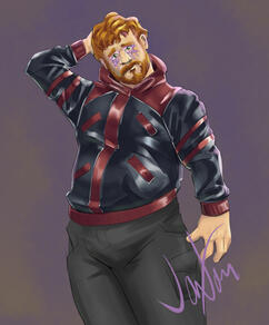 Thickset, ginger-haired and bearded character in dark blue and red leather jacket with hood.