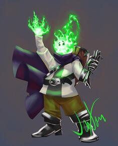 Thickset character in fantasy garb. They appear to be composed of green flame.