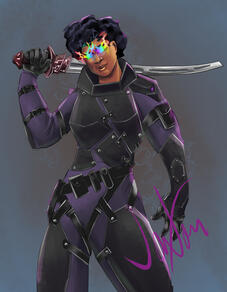 Dark-skinned character in purple and black modern armor carrying a tech sword. Their eyes emit a rainbow energy.