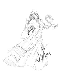 Digital pencil sketch of character with long dark hair in flowing dress and head covering. A cobra is coiled around their arm and ready to strike away from them.
