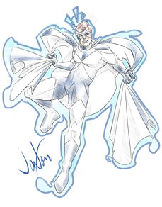 Untitled Digital illustration (full body, color wash pencil) of a young brown haired man in blue and white super hero costume with cape surrounded by blue energy