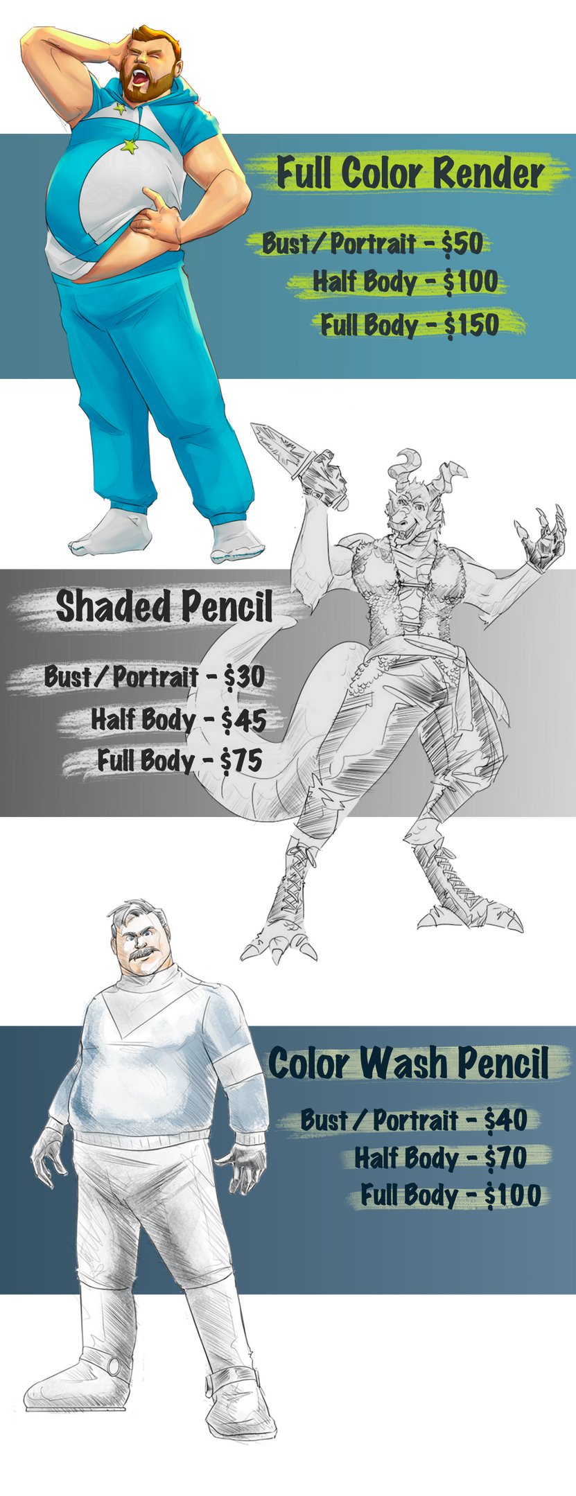 Price Chart Column of Three stacked images. First image: Full Color sample image next to a price chart which reads: "Full Color Render. Bust / Portrait - $50. Half Body - $100. Full Body - $150." Second Image: Digital Pencil art sample next to a price chart which read